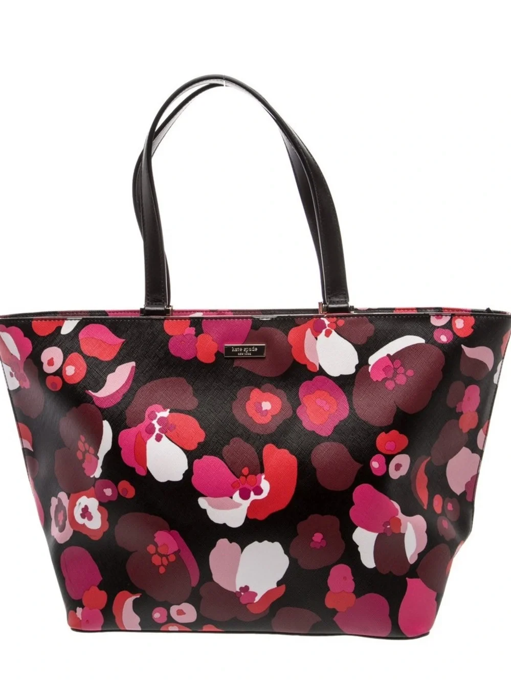 Kate Spade New York Floral Tote Bag Large Black Pink Red Zip Lined Pockets